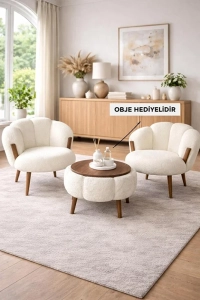 STAR CEVİZ Kırık Beyaz 2 Adet Papatya Berjer + 1 Adet Sehpa (5 PARÇA DEKORASYON SETİ HEDİYELİ)